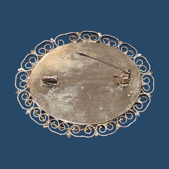 Italian Vintage Micro Mosaic Glass Floral Brooch Pin Silver Tone Filigree Border - Picture 10 of 10